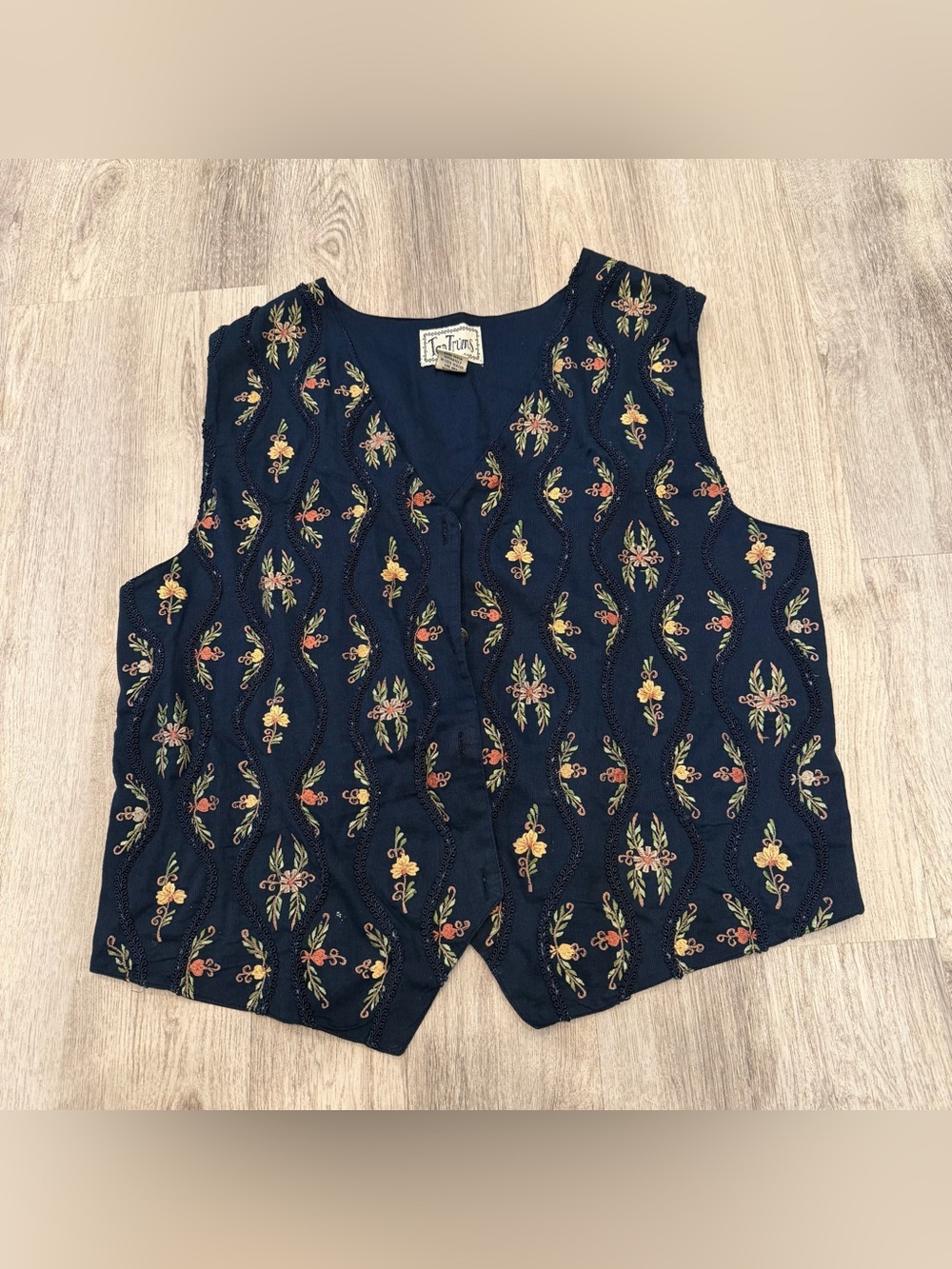 Vintage Tantrums Embroidered Cotton Vest Size Large Boho Floral Cottagecore
